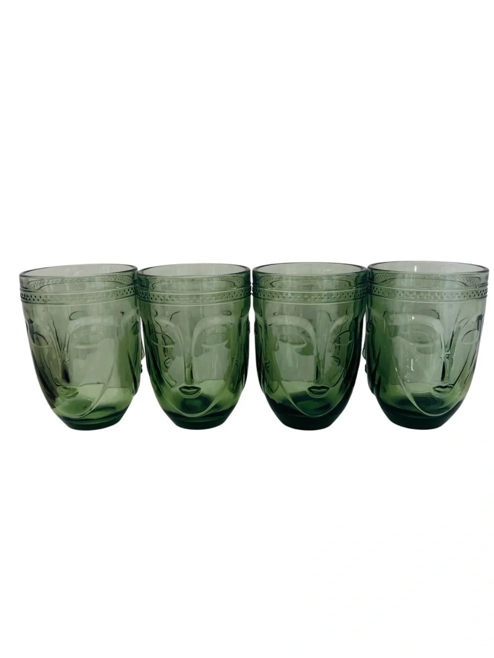 Green Sculpted Face Glass Drinking Glass Tumblers - Set of 4